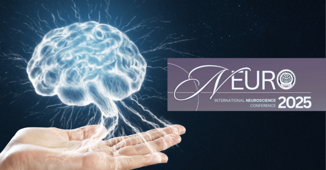 An outstretched hand with a digital image of a brain above, alongside the logo for the NEURO-2025 annual neuroscience conference in Tbilisi, Georgia