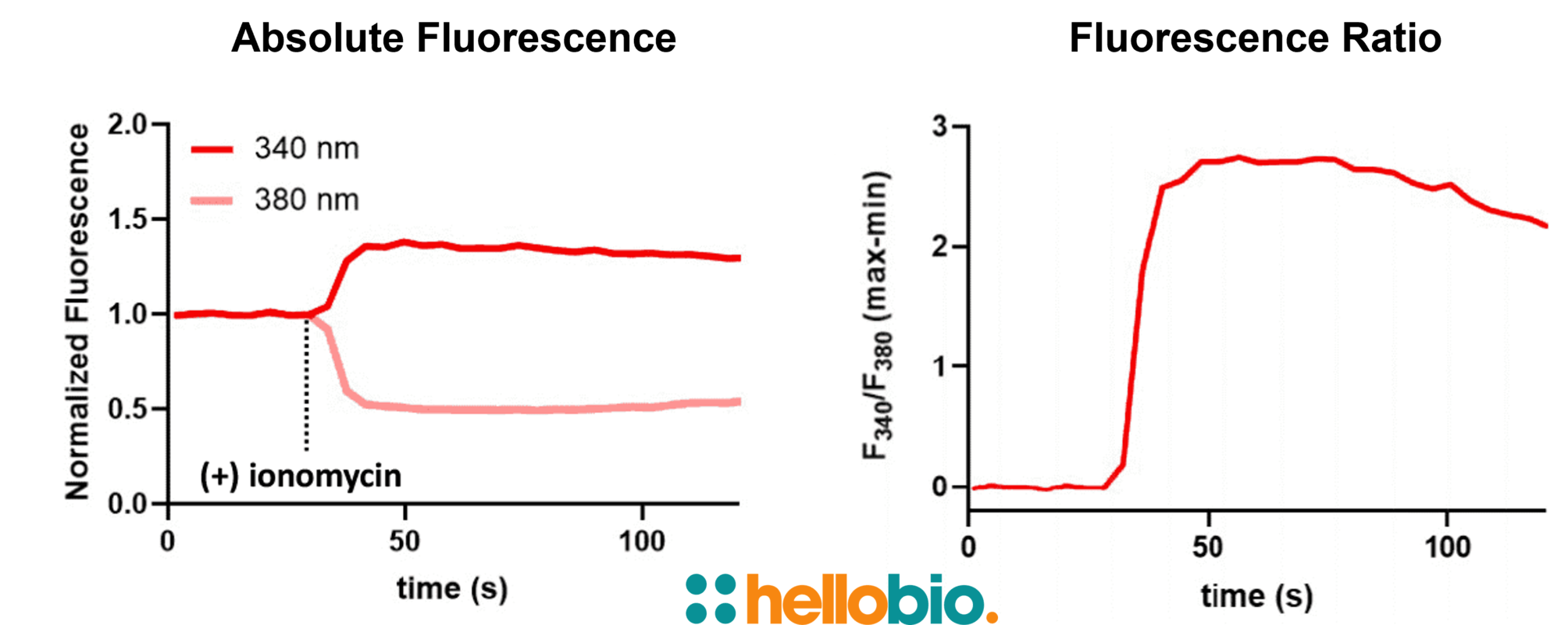 Figure 1. Fura-2 displays a shift in F<sub>340</sub>/F<sub>380</sub> ratio in response to increased intracellular Ca<sup>2+</sup>.